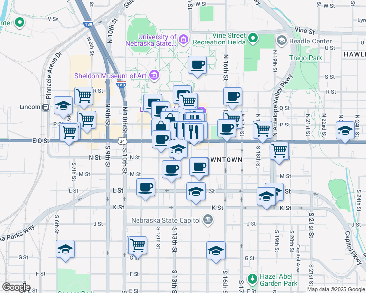 map of restaurants, bars, coffee shops, grocery stores, and more near in Lincoln