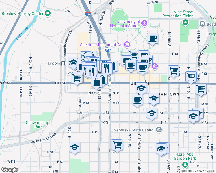 map of restaurants, bars, coffee shops, grocery stores, and more near 947 O Street in Lincoln