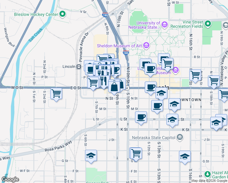 map of restaurants, bars, coffee shops, grocery stores, and more near 819 O Street in Lincoln