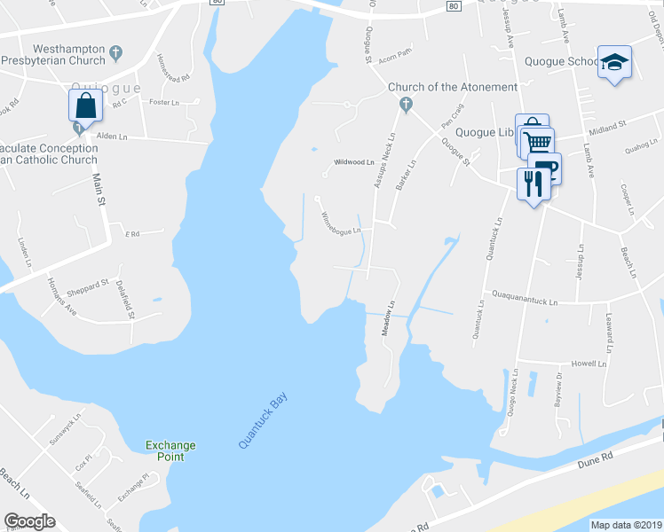 map of restaurants, bars, coffee shops, grocery stores, and more near 32 Seascape Lane in Quogue