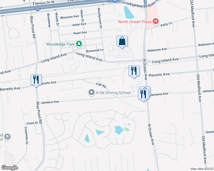 map of restaurants, bars, coffee shops, grocery stores, and more near 27 Fisk Road in Holtsville