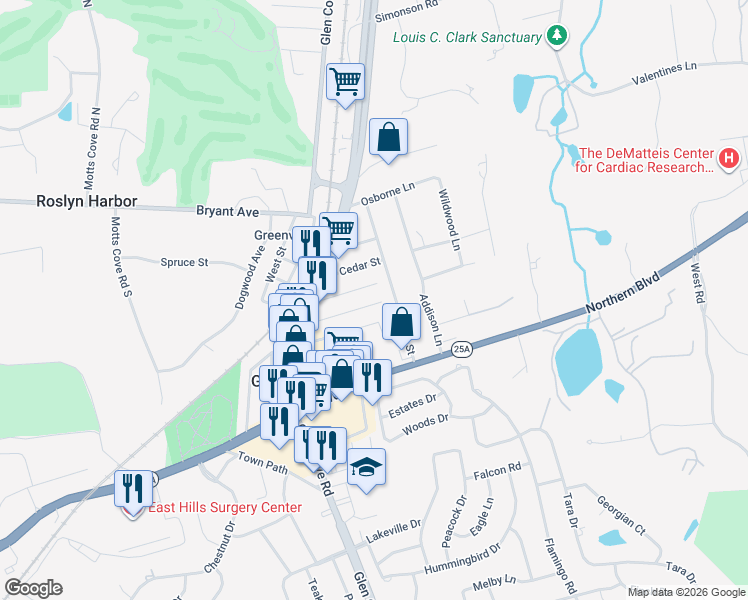 map of restaurants, bars, coffee shops, grocery stores, and more near 29 Elm Street in Greenvale