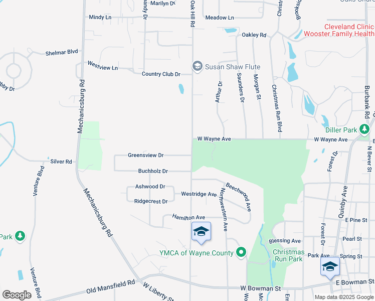 map of restaurants, bars, coffee shops, grocery stores, and more near 811 Greensview Drive in Wooster