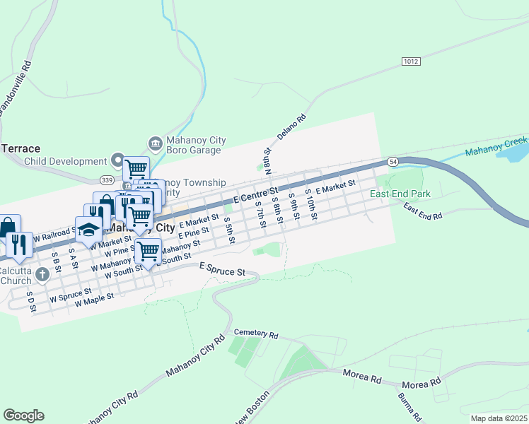 map of restaurants, bars, coffee shops, grocery stores, and more near 723 East Pine Street in Mahanoy City