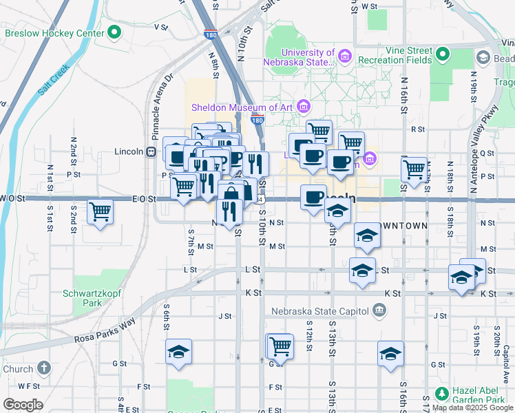 map of restaurants, bars, coffee shops, grocery stores, and more near 913 O Street in Lincoln