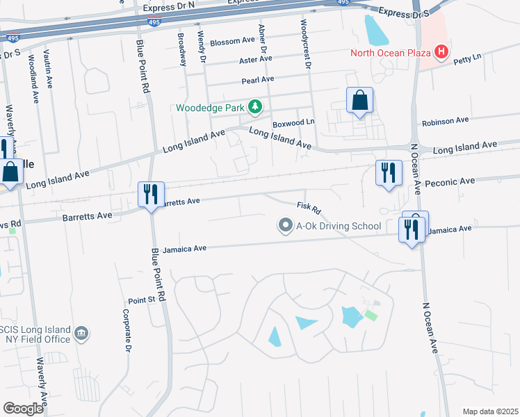 map of restaurants, bars, coffee shops, grocery stores, and more near 15 Ashland Court in Holtsville