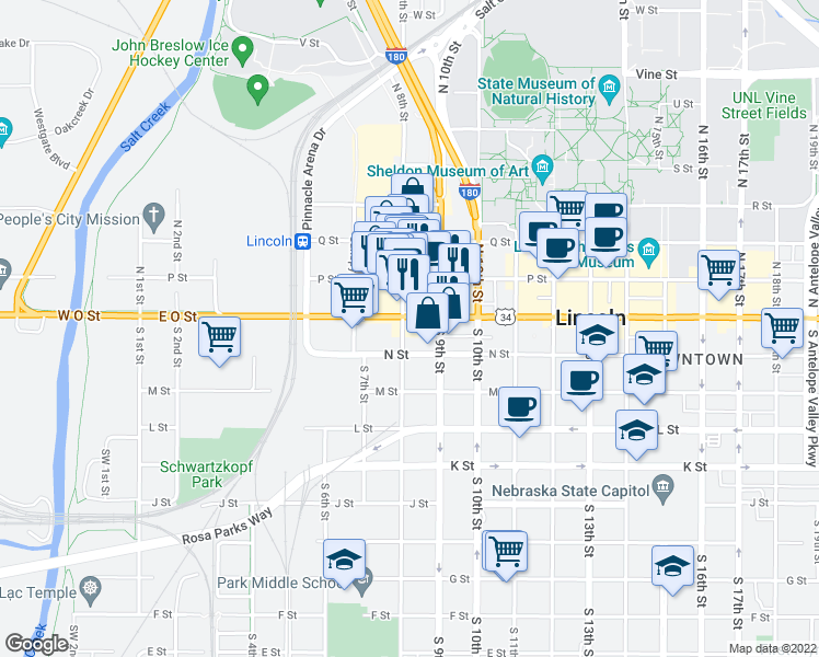 map of restaurants, bars, coffee shops, grocery stores, and more near 801 O Street in Lincoln