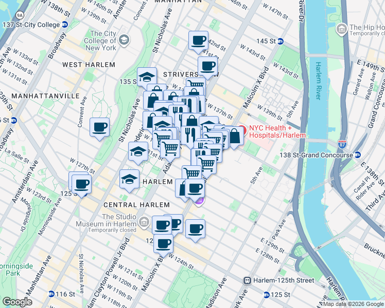 map of restaurants, bars, coffee shops, grocery stores, and more near 144 West 133rd Street in New York