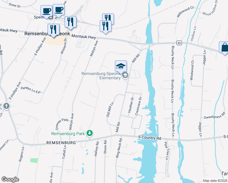map of restaurants, bars, coffee shops, grocery stores, and more near 7 Old Mill Lane in Remsenburg-Speonk