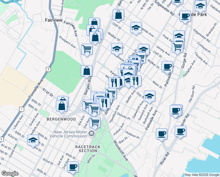 map of restaurants, bars, coffee shops, grocery stores, and more near 367 Henry Street in Fairview