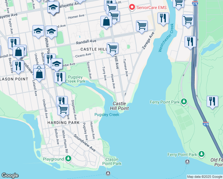 map of restaurants, bars, coffee shops, grocery stores, and more near 307 Howe Avenue in The Bronx