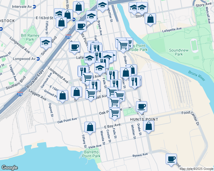 map of restaurants, bars, coffee shops, grocery stores, and more near 643 Bryant Avenue in Bronx