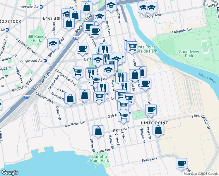 map of restaurants, bars, coffee shops, grocery stores, and more near 648 Coster Street in Bronx