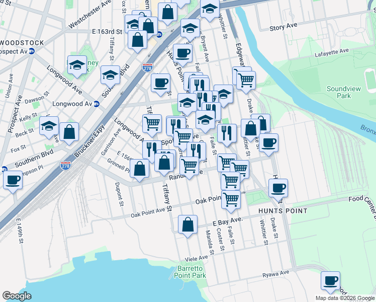 map of restaurants, bars, coffee shops, grocery stores, and more near 640 Barretto Street in The Bronx