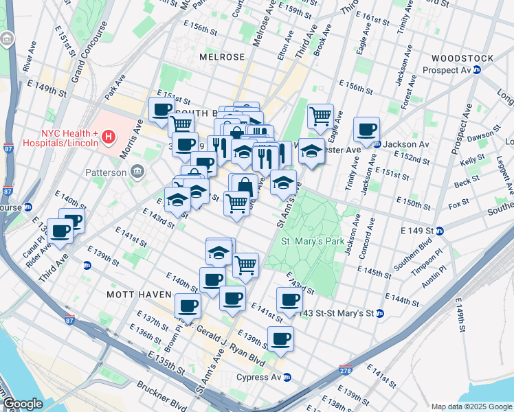 map of restaurants, bars, coffee shops, grocery stores, and more near 502 East 147th Street in The Bronx