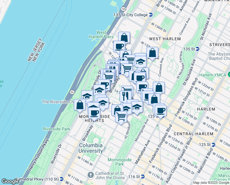 map of restaurants, bars, coffee shops, grocery stores, and more near 100 La Salle Street in New York