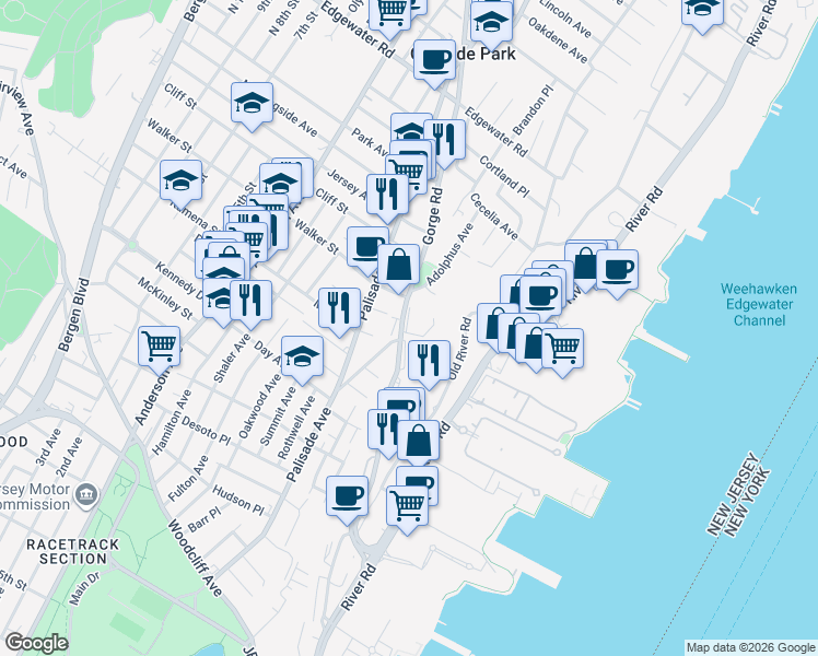 map of restaurants, bars, coffee shops, grocery stores, and more near 283 Gorge Road in Cliffside Park