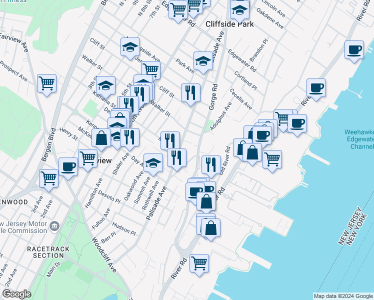 map of restaurants, bars, coffee shops, grocery stores, and more near 263 Palisade Avenue in Cliffside Park