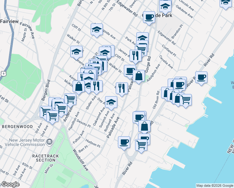map of restaurants, bars, coffee shops, grocery stores, and more near 235 Washington Place in Cliffside Park
