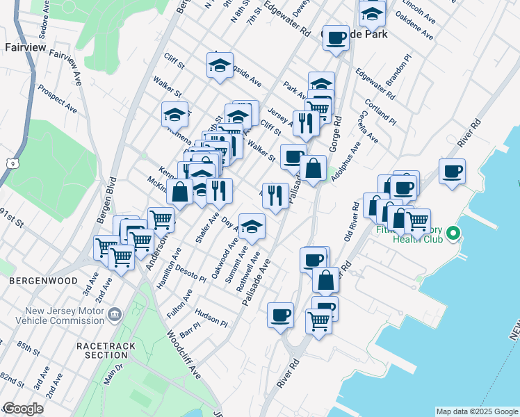 map of restaurants, bars, coffee shops, grocery stores, and more near 235 Washington Place in Cliffside Park