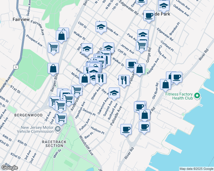 map of restaurants, bars, coffee shops, grocery stores, and more near 179 Fulton Avenue in Fairview