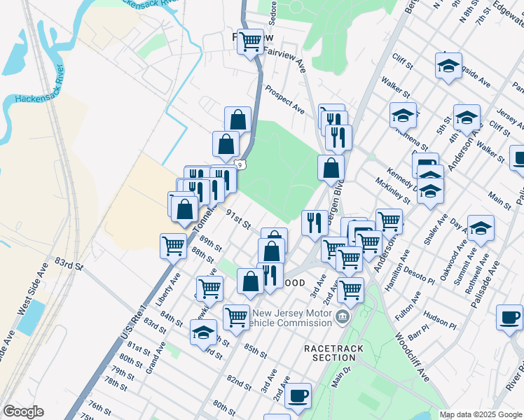 map of restaurants, bars, coffee shops, grocery stores, and more near 9128 Newkirk Avenue in North Bergen