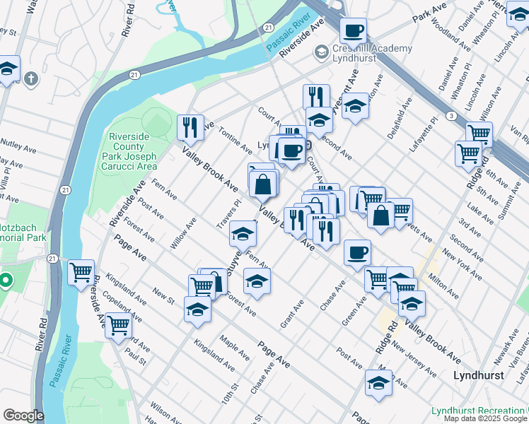 map of restaurants, bars, coffee shops, grocery stores, and more near 296B Stuyvesant Avenue in Lyndhurst