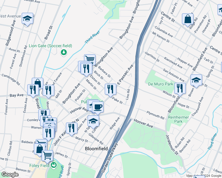 map of restaurants, bars, coffee shops, grocery stores, and more near 67 Elston Street in Bloomfield