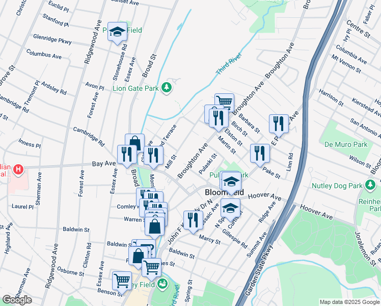 map of restaurants, bars, coffee shops, grocery stores, and more near 68 Broughton Avenue in Bloomfield