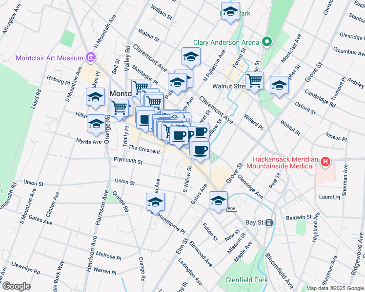 map of restaurants, bars, coffee shops, grocery stores, and more near 440 Bloomfield Avenue in Montclair