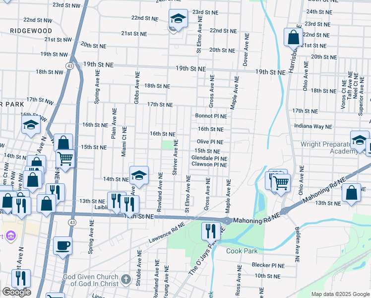 map of restaurants, bars, coffee shops, grocery stores, and more near 1411 15th Street Northeast in Canton