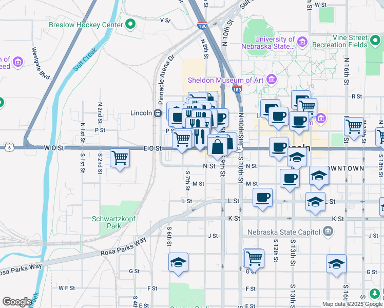 map of restaurants, bars, coffee shops, grocery stores, and more near 700 N Street in Lincoln
