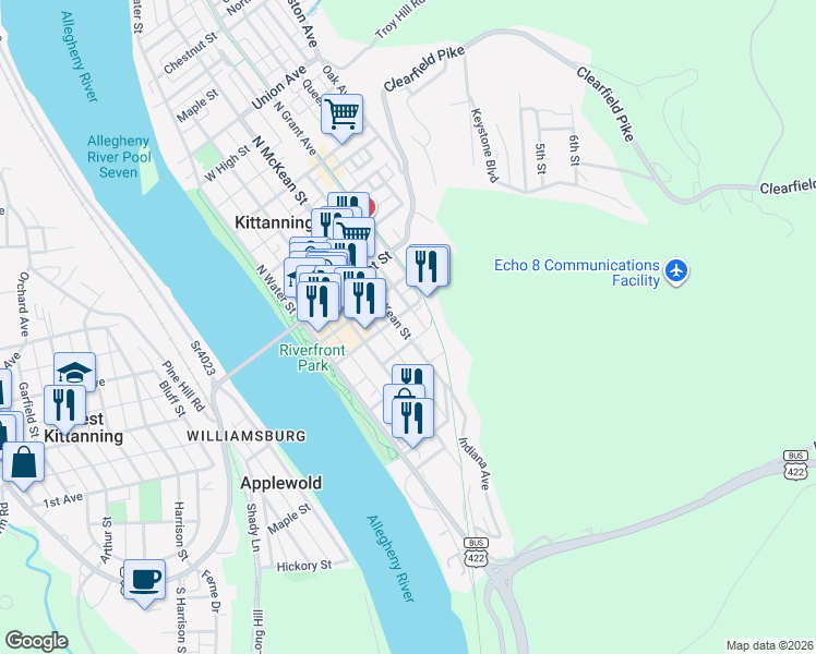 map of restaurants, bars, coffee shops, grocery stores, and more near 224 South McKean Way in Kittanning