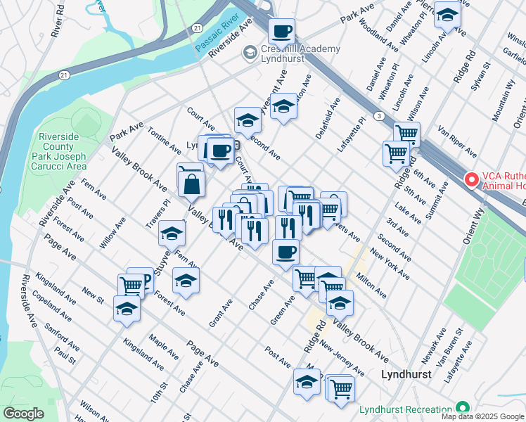 map of restaurants, bars, coffee shops, grocery stores, and more near 240 Delafield Avenue in Lyndhurst