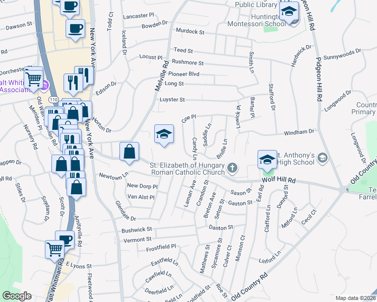 map of restaurants, bars, coffee shops, grocery stores, and more near 6 Coe Place in Huntington Station