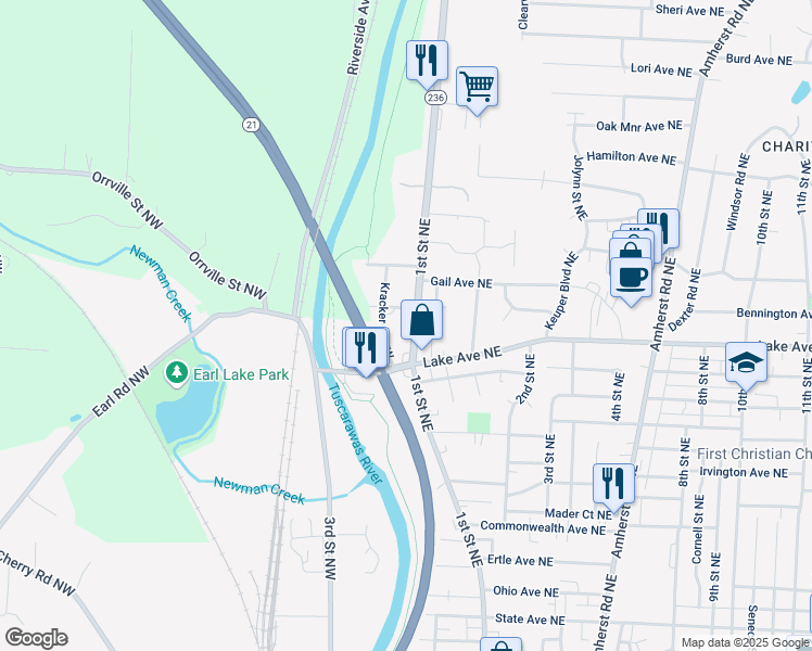 map of restaurants, bars, coffee shops, grocery stores, and more near 1423 1st Street Northeast in Massillon