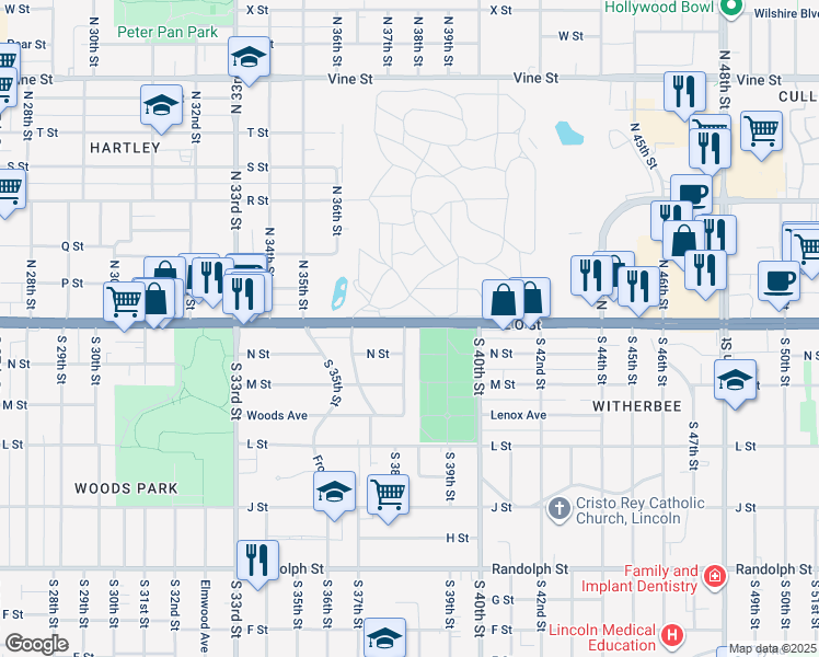 map of restaurants, bars, coffee shops, grocery stores, and more near 102 South 38th Street in Lincoln
