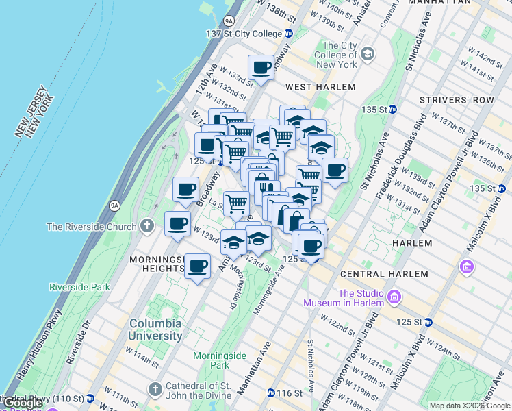 map of restaurants, bars, coffee shops, grocery stores, and more near Amsterdam Ave & W 125th St in New York
