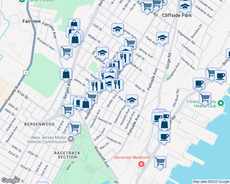 map of restaurants, bars, coffee shops, grocery stores, and more near in Fairview