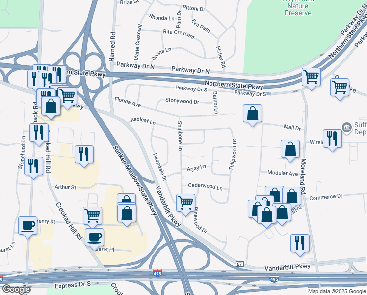 map of restaurants, bars, coffee shops, grocery stores, and more near 105 Shinbone Lane in Commack