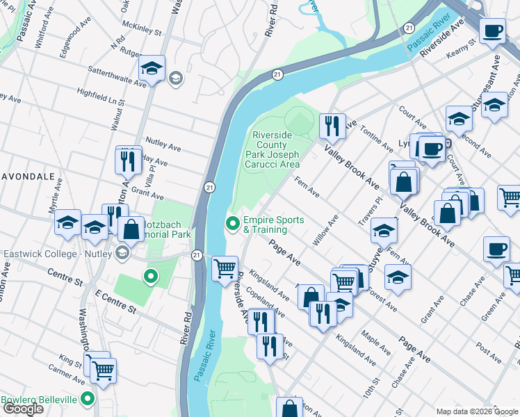 map of restaurants, bars, coffee shops, grocery stores, and more near 457 Riverside Avenue in Lyndhurst