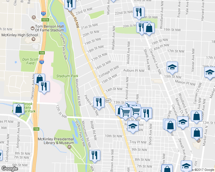 map of restaurants, bars, coffee shops, grocery stores, and more near 1335 14th Street Northwest in Canton