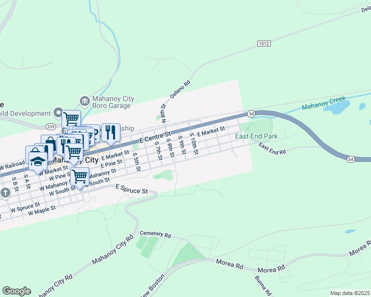 map of restaurants, bars, coffee shops, grocery stores, and more near 907 East Mahanoy Street in Mahanoy City