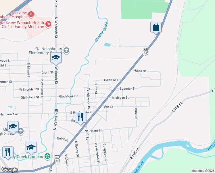 map of restaurants, bars, coffee shops, grocery stores, and more near 57 Huron Street in Wabash