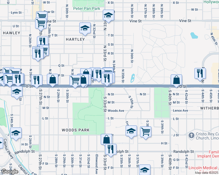 map of restaurants, bars, coffee shops, grocery stores, and more near 3333 O Street in Lincoln