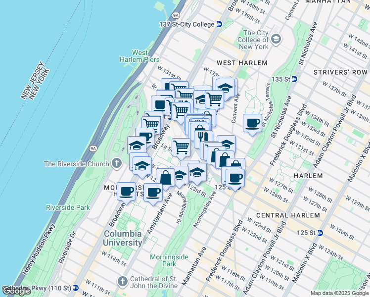 map of restaurants, bars, coffee shops, grocery stores, and more near 55 La Salle Street in New York