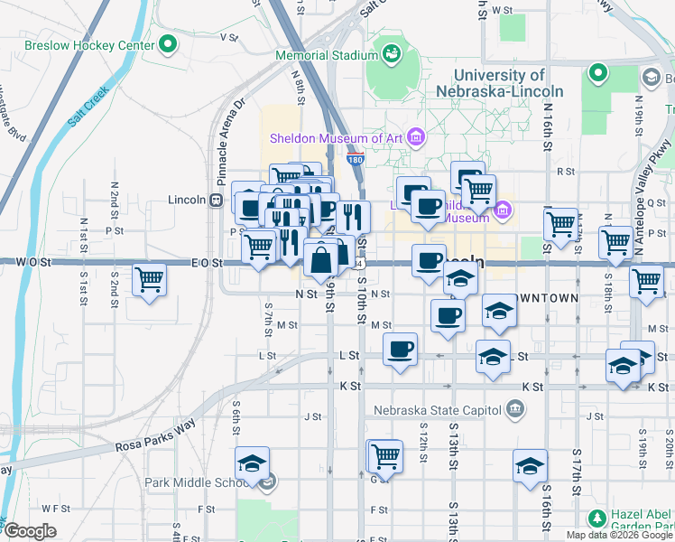map of restaurants, bars, coffee shops, grocery stores, and more near 913 O Street in Lincoln