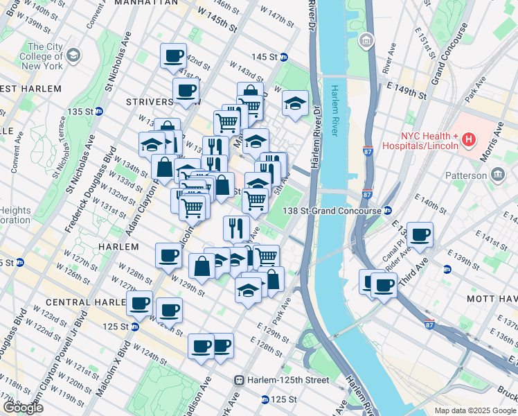 map of restaurants, bars, coffee shops, grocery stores, and more near 2230 5th Avenue in New York