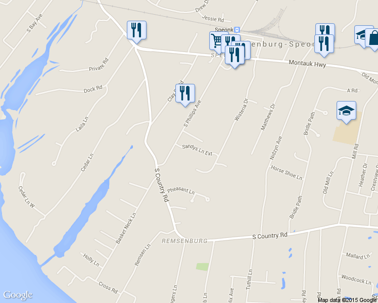 map of restaurants, bars, coffee shops, grocery stores, and more near 3 Sandys Lane in Remsenburg-Speonk