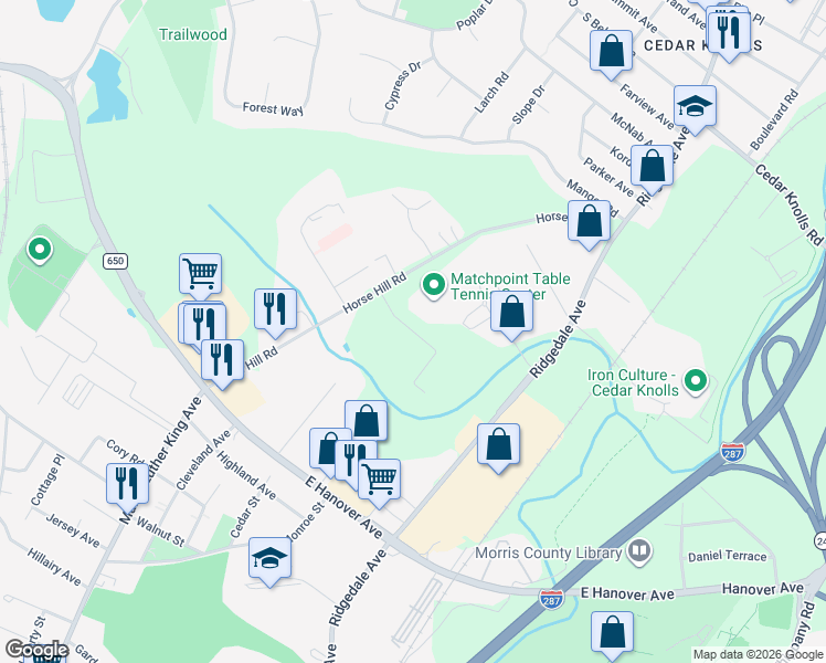 map of restaurants, bars, coffee shops, grocery stores, and more near Justin Court in Hanover